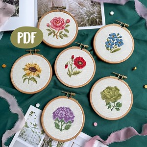 Bundling Set of 6 Flower Pattern Cross Stitch: Easy Beginner Floral Design (PDF Download) - Etsy