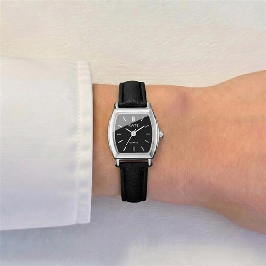 Silver Rectangular Watch Black Dial Black Leather Strap Quartz - Etsy