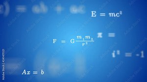 Animated GRAVITY FORMULA Background. Stylized math cloud of numbers and equations floating in 3D space.