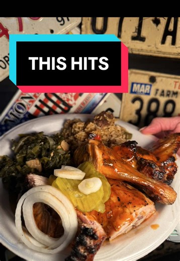 This never misses. Juicy chicken on the bone, mustard greens, and dirty rice with our famous sweet tea. #bbqtok #smokedchicken #pitlife #bbqlovers #texasbbq