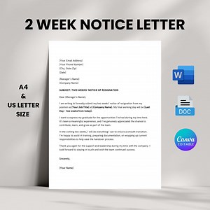 2 Weeks Notice Letter, Two Weeks Notice Letter, Professional Notice Letter, Google Docs Word Canva Notice Letter, Resignation Template - Etsy Canada