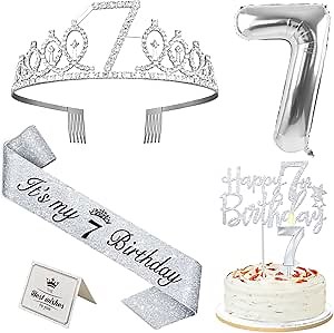 7th Birthday Decorations for Girls Silver with 7th Birthday Sash and Tiara, Cake Topper and Candle, Silver Number Balloon, 7 Year Old Gifts for Girls