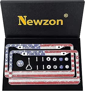 Newzon USA Flag License Plate Frames -2 Pack Bedazzled Bling Rhinestone License Plate Frame for Patriot - Novelty License Plate Frames for Men Glitter Diamond Holder, 3D American Flag Cover