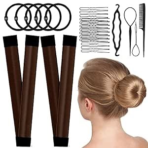 Magic Hair Bun Maker Donut 2 PCS - French Twist Hair Styling Tool Snap Roll, Hair Bun Accessories with 4 Pony hair tools, 5 Elastic Bands and 20 Hair Bobby Pins for Women Girls Kids (010 Brown)