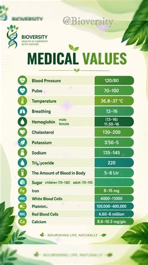 Normal Medical Values Chart 📊 | Vital Signs & Blood Test Reference Guide 💚 | Health Parameters