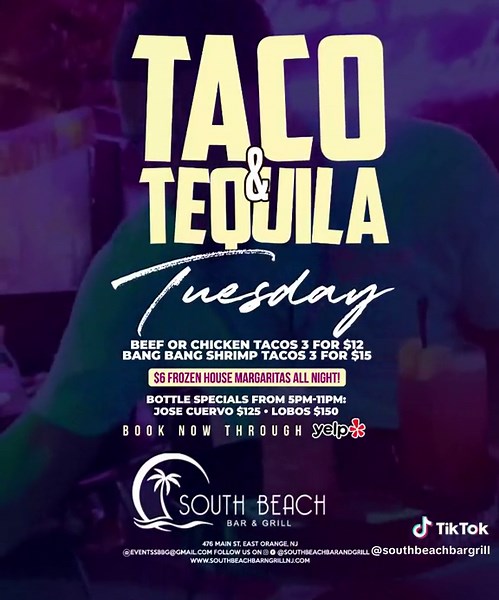 Join us for #tacotuesday & #tacoandtequilatuesday at @southbeachbarandgrill for our taco specials beef or chicken - 3 for $12 or Shrimp - 3 for $15! All Night! ⁠ ⁠ Try our #happyhour specials from 5-8pm!⁠ ⁠ Additional Specials: ⁠ $6 Frozen Margaritas All Night! ⁠ ⁠ Bottles:⁠ $125 - Jose Cuervo⁠ $150 - Lobos⁠ #margaritas #mexicanfood #tacos #taco #fish #casamigos #josecuervo #lobos#food #foodie#cheers #yum #dinner #drinks #njrestaurants# #latinfusion#njdining#foodstagram #cocktails #latinfood #ba