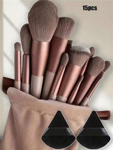 15pcs Makeup Brush Set, Including 2 Black Triangle Makeup Sponges, Soft & Skin-Friendly, Plus 13 Makeup Brushes Suitable For Blush, Liquid Lipstick, Eyebrow Pencil, Lip Gloss, Concealer, Eyeshadow, Highlighter, Contour, Foundation, Primer, Branded Cosmetics, Loose Powder, Contouring, Brightening, Setting Spray, Eyeshadow, Blush, Korean Makeup, Women & Girls Gift | SHEIN