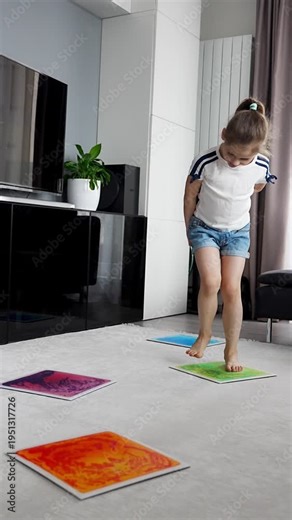 Little girl stepping and jumping on colorful sensory gel mats placed on floor at home. Sensory development, autism support and occupational therapy activity concept.