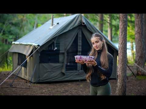 3 Days Solo Survival | Girl Camping with Hot Tent, Fishing & Lake Bath (ASMR) 🌿