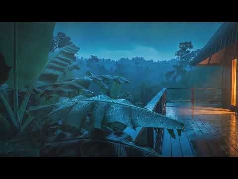 Instant Sleep with Gentle Rainfall and Distant Thunder Echo at Wooden Cabin Terrace 🌧️