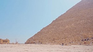 Giza, Egypt - Mar 11 2023, 4k, panoramic bottom-up view of great pyramid of Cheops, Giza, Egypt