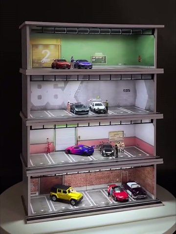 1/64 Diorama Display Case with LED Lights - Compatible with Hot Wheels Matchbox Mini GT Diecast Cars, for Model Car Display and Storage, Stackable Garage(Wheels)