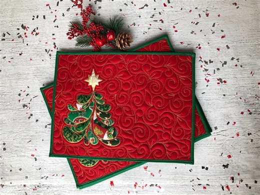 Handmade Quilted Christmas Placemats: Snowy Tree Design, Set of 8 - Etsy