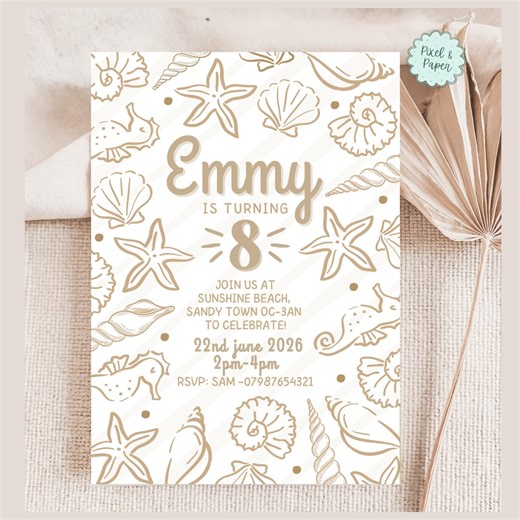 Beach Seashells Party Invite,summer Spring Line Shell Themed,kid’s Neutral Boho Birthday Invitation,editable Template,phone Digital Download - Etsy