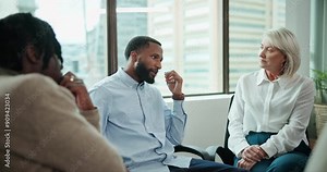 Man, sad or talking in group therapy for support, recovery or rehabilitation in grief counseling. Male speaker, life story or meeting in city for mental health, anger management or healing in session