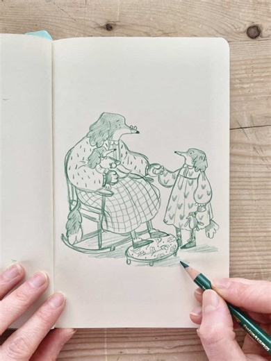 Nanna Dog and the Grandpups ☺️❤️ I’m using a Faber-Castell Polychromos pencil in 159 Hooker’s Green (named after the glorious early 19th century botanical illustrator, William Hooker) and drawing in my favourite Royal Talens Art Creations sketchbook ✏️❤️ #illustration #sketchbook #asmr #draw #artist @Faber-Castell @RoyalTalensUK