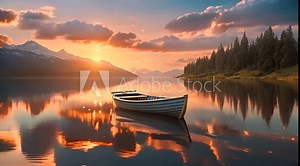 Abstract animation of boat drifting on lake. Boat, abstract, lake, serene, tranquil, water, reflection. Artificial intelligence is trained to generate videos and animations. Generated by AI.