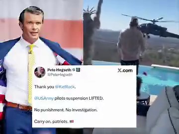 🔥🚨BREAKING: Secratary of War Pete Hehsegseth just revealed he personally lifted the suspension of the U.S. army pilots he flew by Kid Rock’s Souther White House Mansion. Sec. Hegseth: “Thank you @KidRock.@USArmy pilots suspension LIFTED. No punishment. No investigation.Carry on, patriots. 🇺🇸 “