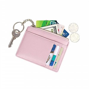 [Hot Item] Pink Cute Small Wallet Women Slim Leather Card Holder with Keychain