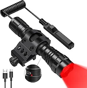 WINDFIRE Red Hunting Flashlight Rechargeable Tactical LED Predator Lights Coyote Hog Varmint 250 Yards Long Range Picatinny Rail Mount Flashlights with Remote Pressure Switch