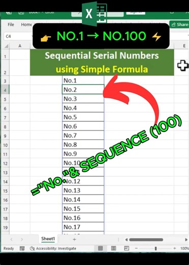 Excel SEQUENCE Function 🔥 | Create No.1 to No.100 Instantly #msexcel