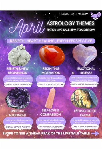 APRIL ENERGY IS HERE 🌙✨ Rebirth. Heart Healing. Fresh Perspective. 💎 6 Crystal Allies to support your energy this month: 🌸 Rebirth – Apophyllite 🔥 Motivation – Carnelian 🧘‍♀️ Emotional Release – Phosphosiderite 🌌 Spiritual Alignment – Amethyst 💖 Self-Love – Rose Quartz 🌀 Letting Go of Karma – Labradorite 💫 JOIN OUR LIVE SALE – Wed 8PM AEST on TikTok! ✨Why Join?✨ ✅ Shop New Arrivals First 🎮 Win Amazing Prizes – We play 3 fun games throughout the night, giving away $200 worth of crystals