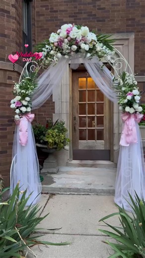 Beautiful Wedding Arch Decoration Ideas with Silk Flowers and White Tulle