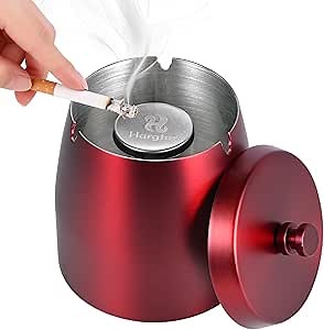 HARTAR Smokeless Ashtrays for Cigarettes Indoor, Ash Tray Sets Outdoor Windproof Cute Home Large Funny Metal Outside Ashtray with Lid for Cigarettes Butt Can for Outside Patio, Red, Small