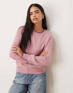 Threadbare crew neck jumper with contrast blanket stitch in pink | ASOS