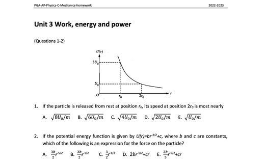 AP physics C-mechanics-homework-unit 3-MC