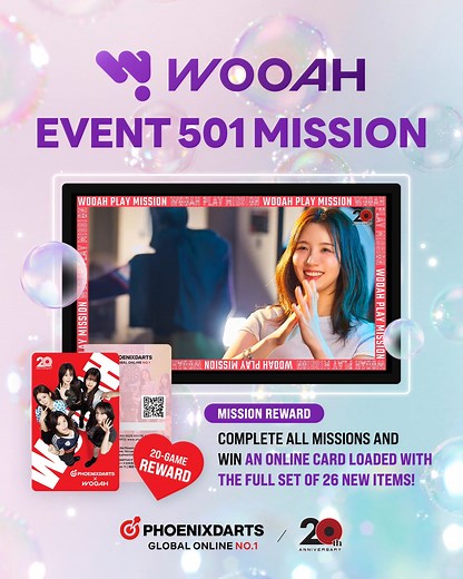 The WOOAH EVENT 501 Mission is starting on Tuesday, December 2nd! 😍 Complete the missions and get a WOOAH online card packed with 26 brand-new items! 🎁 Check out all the exciting rewards waiting for you. 💕 For full event details, visit the Phoenixdarts website announcement. 📆 Event Period: Tuesday, Dec 2, 2025, 12 pm PST – Monday, Jan 6, 2026, 12 pm PST #phoenixdarts #phoenixdartsusa #darts #kpop #collab #WOOAH | Phoenixdarts USA