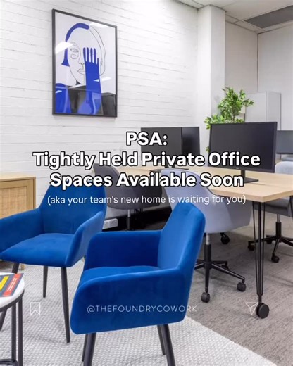 Comment TOUR to book an exclusive walk-through of The Foundry’s recently available private offices. Our suite of private offices are plug ‘n’ play, ready for you to move right in. Located in Gosford, our secure private offices are suitable for teams of up to 8 people who need a separate space within a serviced office environment with reception concierge, utilities, consumables and facilities included. Pssst... also, one of our available spaces RARELY comes up (it hasn’t been available since we o