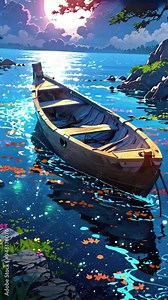 A full moon shines in the background as an anime boat floats on the lake.