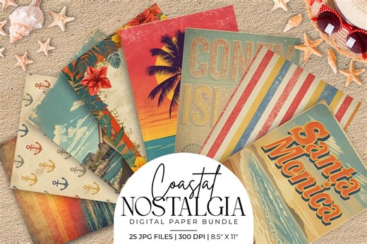Coastal Nostalgia Digital Paper, Vintage Summer Backgrounds, Retro Beach Scrapbook Paper, Travel Collage Patterns, Printable Stationery Pack - Etsy