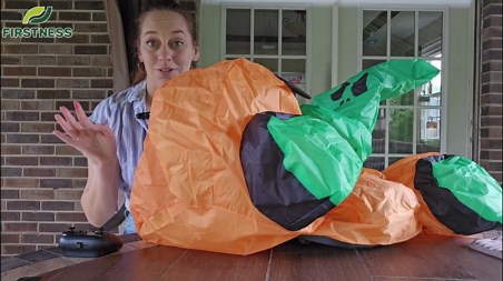 Firstness 2.6ft Remote Control Halloween Inflatable Pumpkin Ghost Car, Moving Blow up Halloween Decoration Toy for Kids, Indoor Outdoor Yard, Orange Green