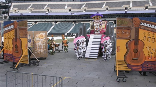 Front view of Duffy String Band's 2026 theme "Music Store Galore" at the String Band Spectacular | Philadelphia String Band Assn.
