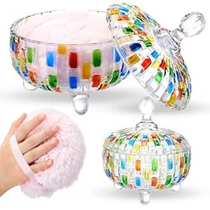 Tioncy 2 Pcs Extra Large Dusting Powder Puff and Container for Women-5.43'' Glass Crystal Dusting Powder Container with 5.91'' Body Soft Washable Reusable Velour Face(Multicolor,Weave Design)