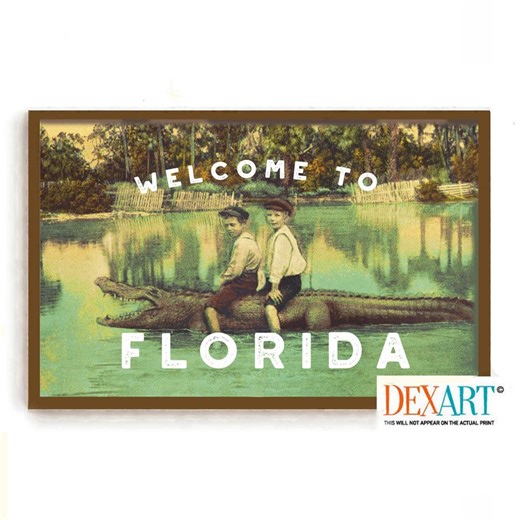 Old Florida Art Print, Welcome Sign, Alligator Wall Art, Florida Postcard, Vintage Florida Decor, Palm Tree, Florida Style, Locals Only Sign - Etsy