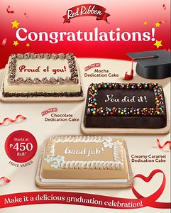 2.1K views · 6.2K reactions | Make graduation celebrations sweet and special with Red Ribbon’s delicious Dedication Cakes! Starts at P450. *New Mocha Dedication Cake is available in all Red Ribbon Luzon stores only. Order your favorites via  https://redribbondelivery.com.ph  Red Ribbon App: bit.ly/RedRibbonApp  #87777  APPS: GrabFood and foodpanda | Red Ribbon Bakeshop | Facebook