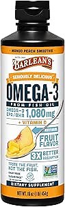Barlean's Omega 3 Fish Oil Liquid Supplement with Vitamin D for Men and Women, 1080mg of EPA and DHA Fatty Acid, Promotes Brain & Heart Health - Non-GMO, Mango Peach, 16 oz