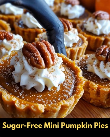 🎃🥧 Sugar-Free Mini Pumpkin Pies Individual pumpkin pies with spiced filling — sugar-free, festive, and perfect for holidays. 📝 Ingredients Crust: 1½ cups almond flour 3 tbsp melted butter 2 tbsp powdered sugar substitute Filling: 1 cup pumpkin purée (unsweetened) ½ cup heavy cream ½ cup powdered sugar substitute 1 large egg 1 tsp pumpkin spice 👩‍🍳 Steps to Create Make crust – Mix almond flour, butter, and sweetener. Press into greased muffin tin. Bake at 325°F (160°C) for 8 minutes. Prepare