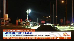Three dead after truck and car collide in Burrumbeet near Ballarat. LATEST: http://yhoo.it/1XAgE5z #Burrumbeet #7News | 7NEWS Melbourne