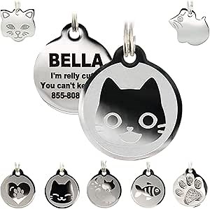 Stainless Steel Cat ID Tags - Engraved Personalized Cat Tags Includes up to 4 Lines of Text with Kitty Face Shape