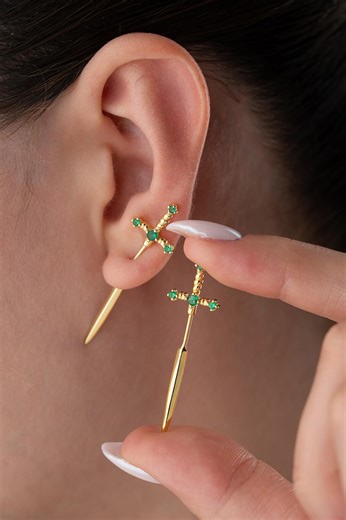Emerald Sword Earrings • Dagger Ear Jacket • Front Back Earring • Protection Symbol Gift - Etsy