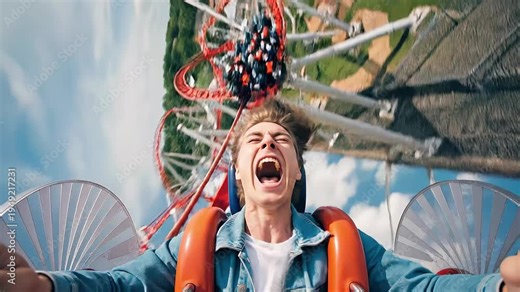 Excited young man screaming on roller coaster ride at amusement park with thrilling loops and turns