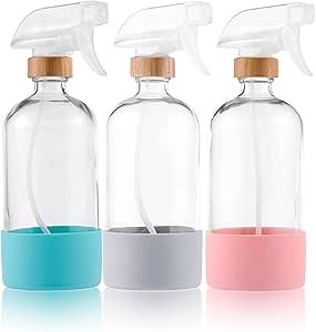 3pack Refillable Bamboo Glass Spray Bottle，Spray Bottles for Cleaning Solutions, 17 oz Silicone Protective Glass Spray Bottle Sets and Accessories,Containers for Cleaning Solutions(3pcs Upgraded Nozz)