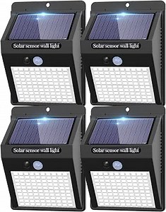 4 Pack Solar Motion Lights Outdoor, 3 Modes/100LED Solar Security Wall Lights Outdoor Wireless IP65 Waterproof for Front Door, Backyard, Garage, Deck