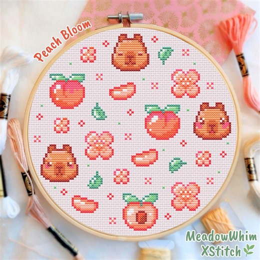 Peach bloom cross stitch pattern,capybara floral fruit composition,soft spring hoop embroidery design printable PDF
