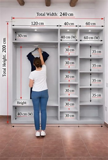 Smart wardrobe layout designed for maximum storage – perfect balance of hanging space, shelves.