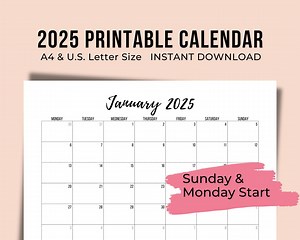 2025 Printable Calendar Minimalist Elegant Monthly Planner PDF Download Monday Start and Sunday Start A4 and US Letter Sizes 8.5x11 - Etsy Canada